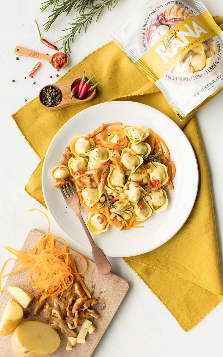 Chicken And Smoked Pancetta Tortelloni With Roasted Squash Potatoes Chicken