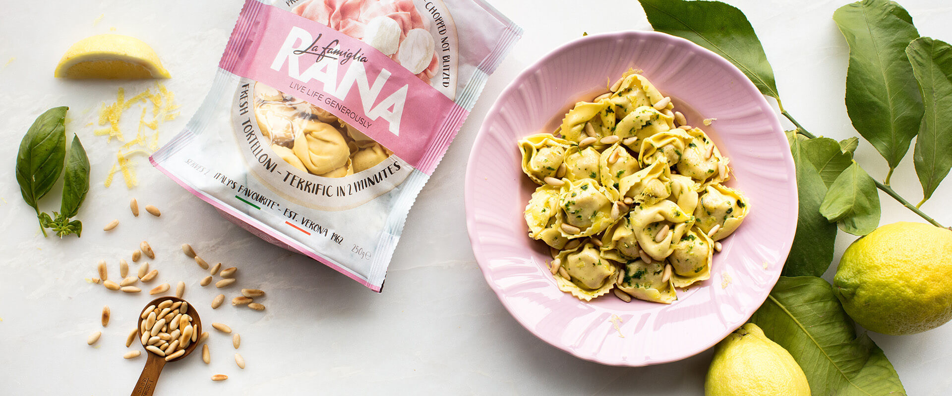PROSCIUTTO COTTO & MOZZARELLA TORTELLONI WITH PINE NUTS AND LEMON ZEST