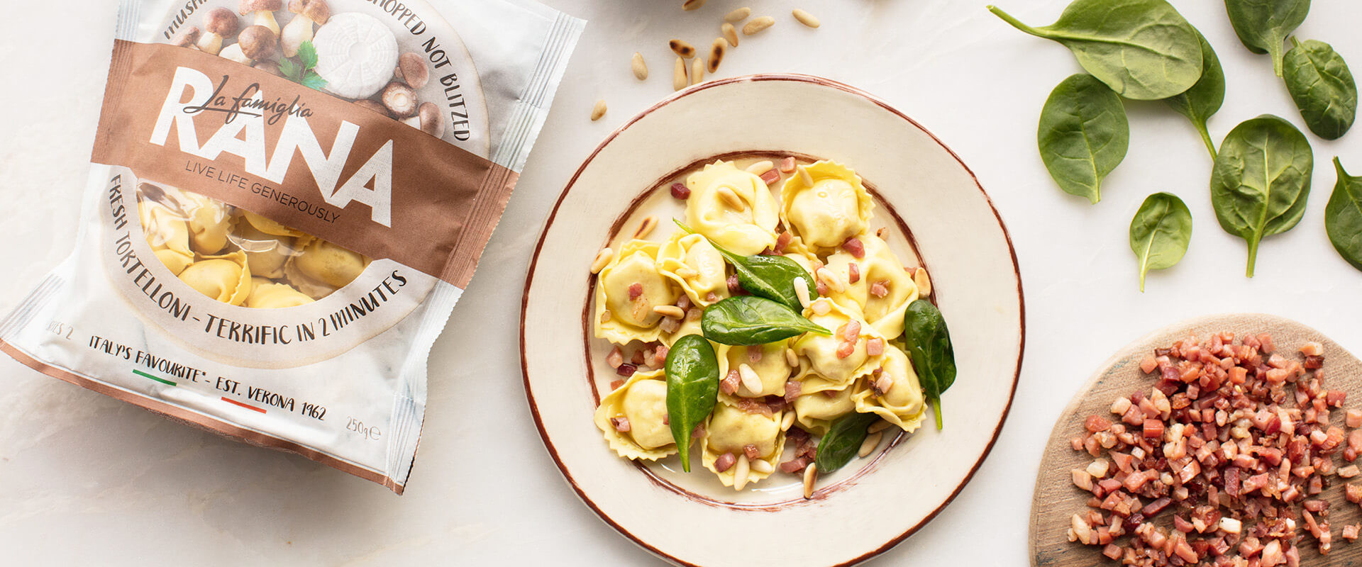 MUSHROOM & Mascarpone TORTELLONI WITH PINE NUTS, CURED HAM AND BABY