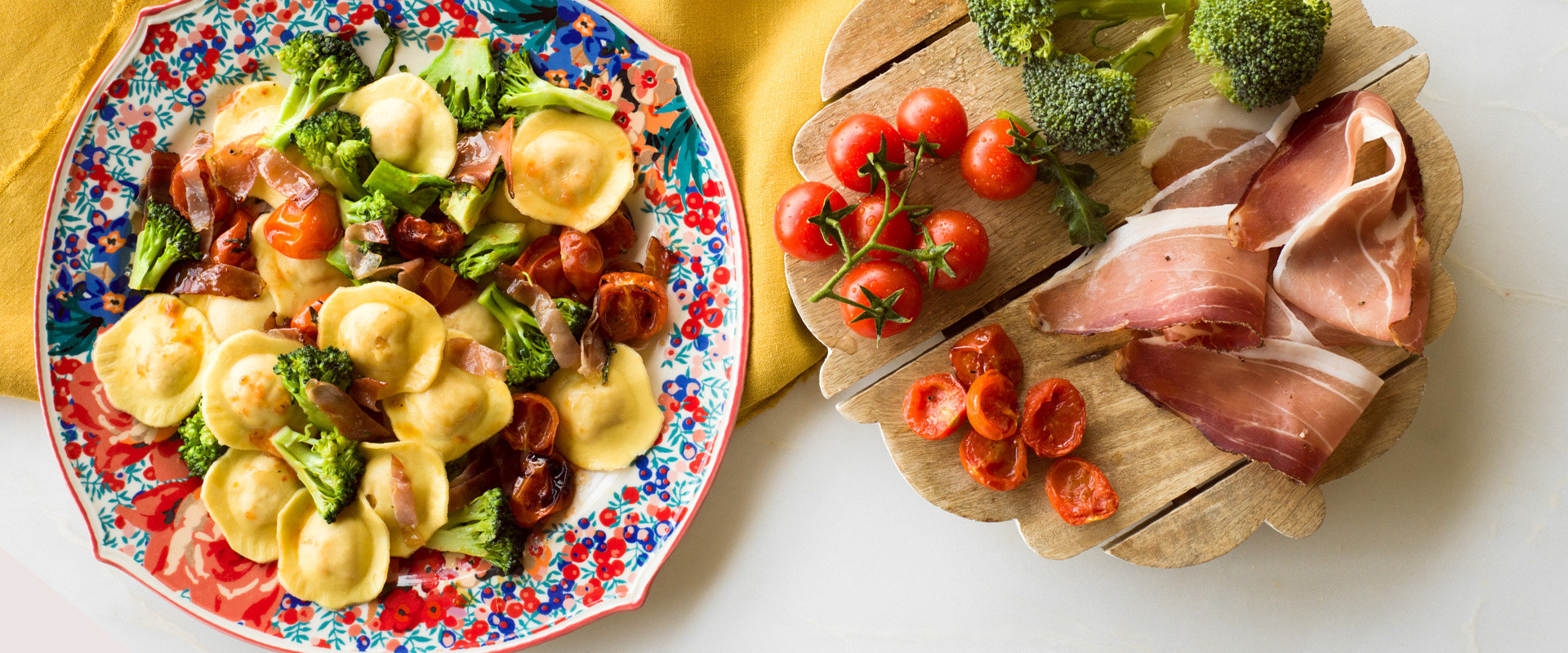 FOUR CHEESE RAVIOLI WITH BROCCOLI, SPECK AND ROASTED TOMATOES Rana