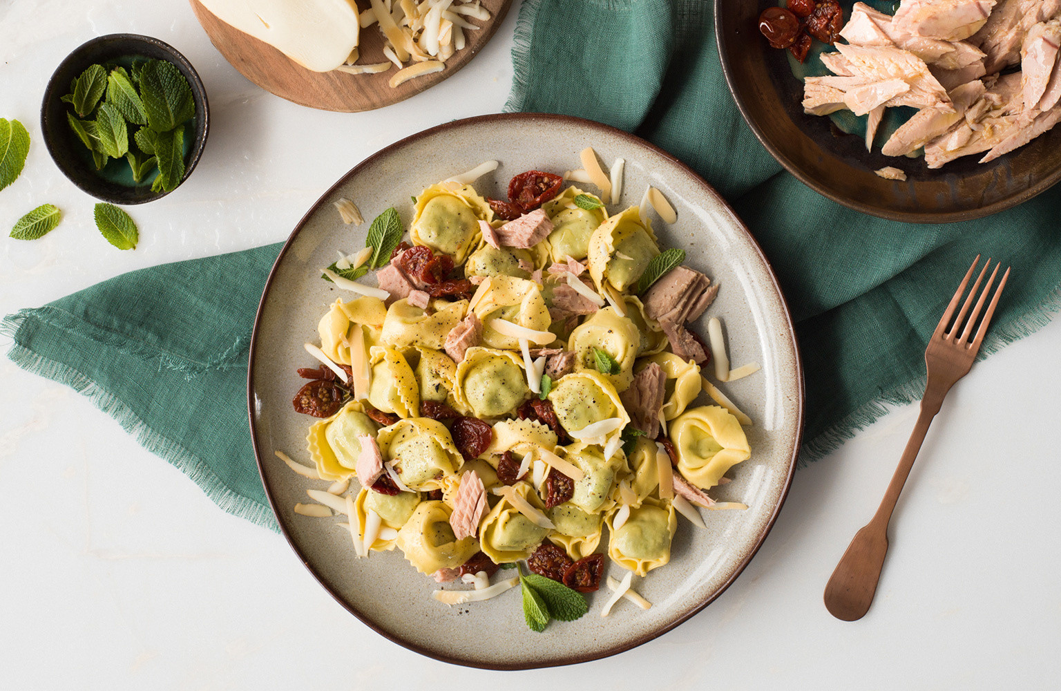 RICOTTA & SPINACH TORTELLINI WITH TUNA, DRIED TOMATOES, PROVOLONE