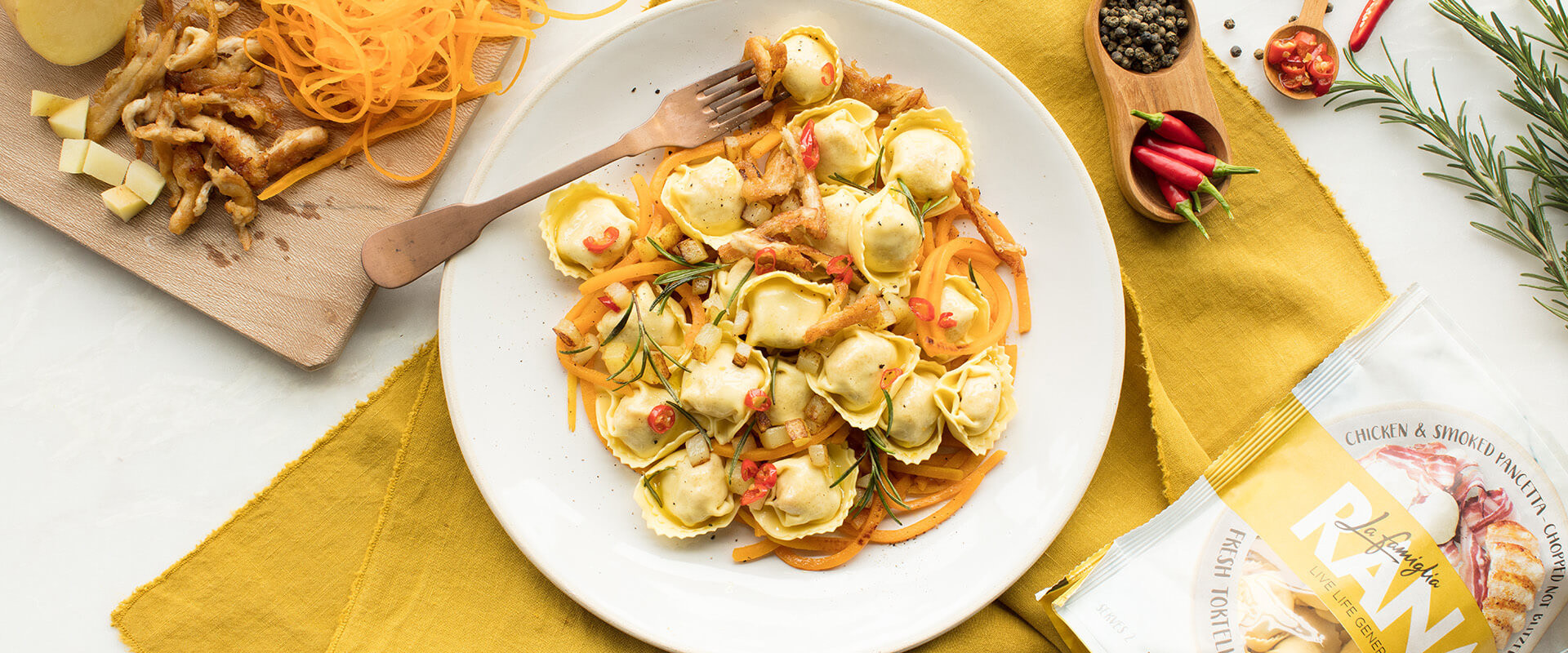 CHICKEN AND SMOKED PANCETTA TORTELLONI WITH ROASTED SQUASH, POTATOES