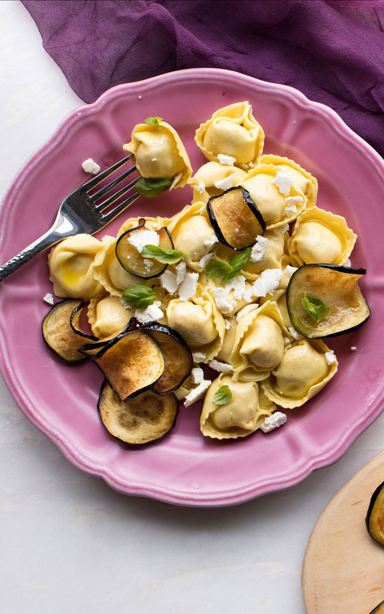 RICOTTA & SPINACH TORTELLINI WITH FRIED EGGPLANT AND RICOTTA - La