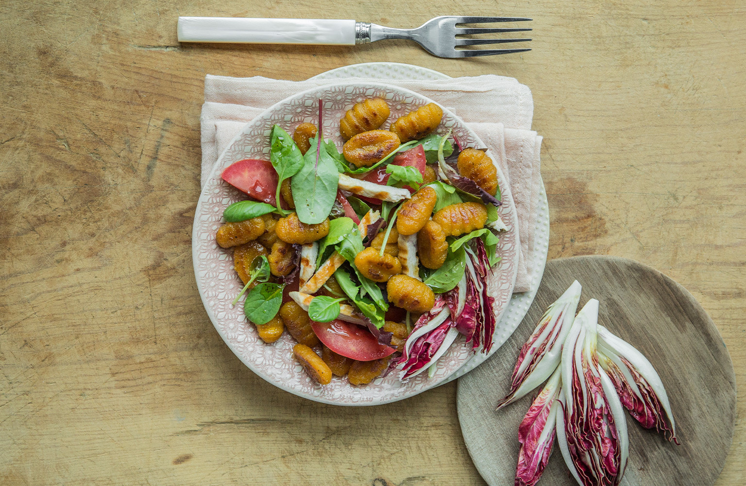 Salad with PanFried Gnocchi Pumpkin, Grilled Turkey Breast and